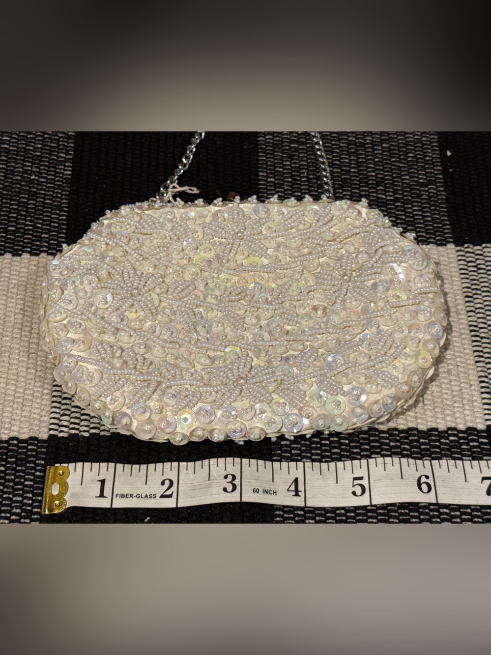 Vintage Handmade Beaded Evening Clutch Purse White Sequin Hong Kong